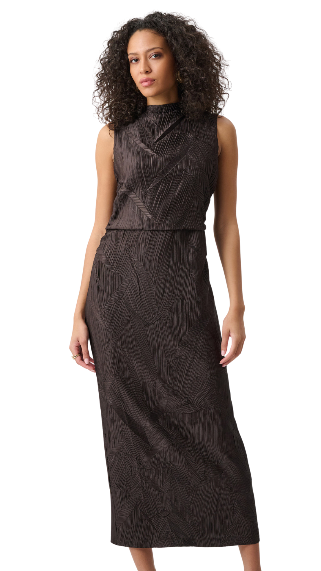 Pleated Satin Sleeveless Midi Dress. Style JR263147