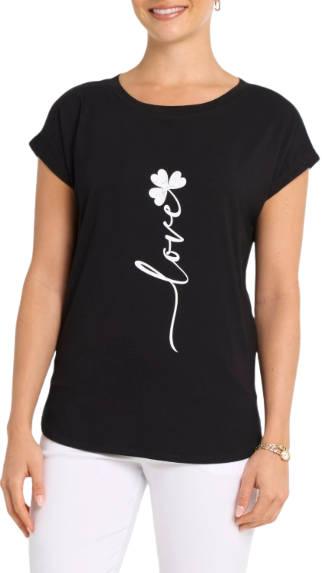 Round Neck Cloverleaf & Love Design Short Sleeve Top. Style MIS607T