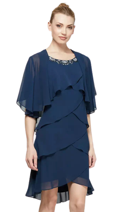 Tiered Chiffon Jacket Beaded Neck Detail Dress. Style SL112296