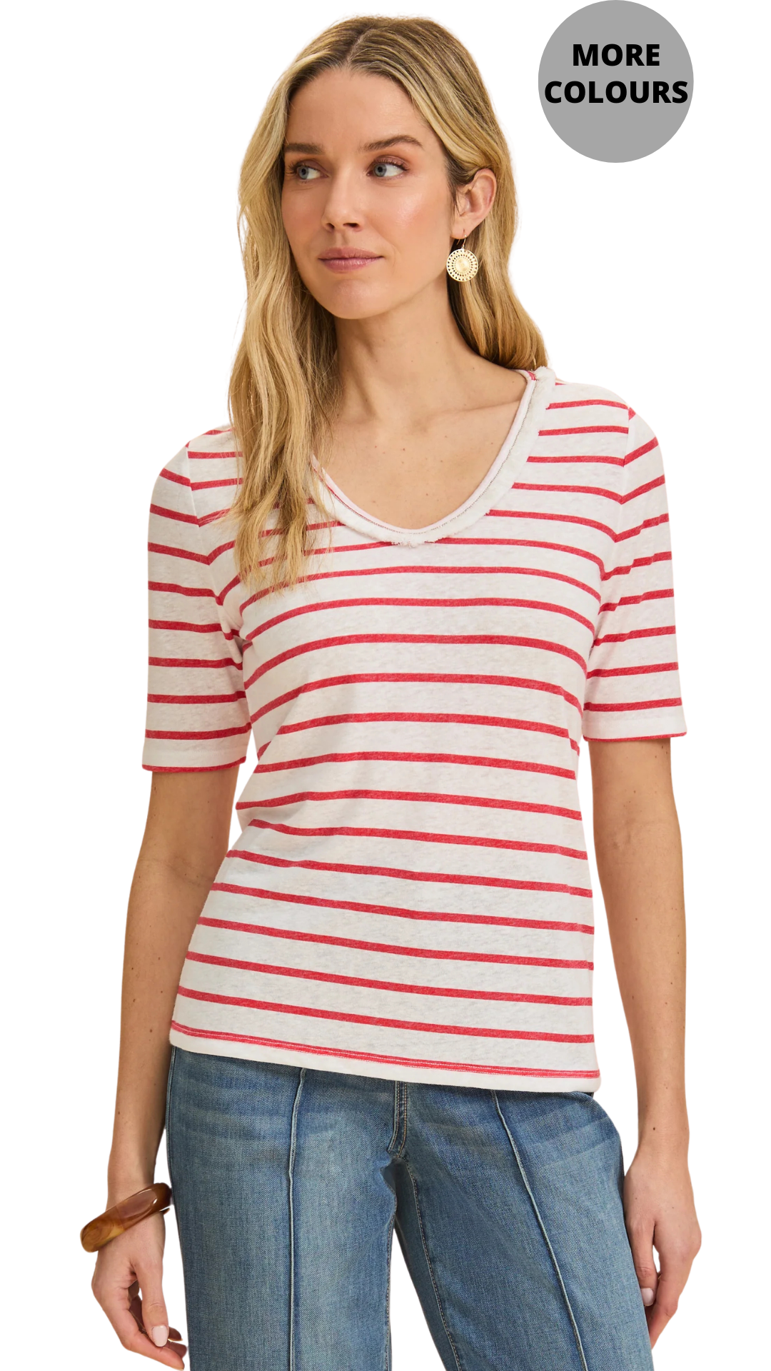 Fringed V-Neck Short Sleeve Striped Top. Style FD3641788