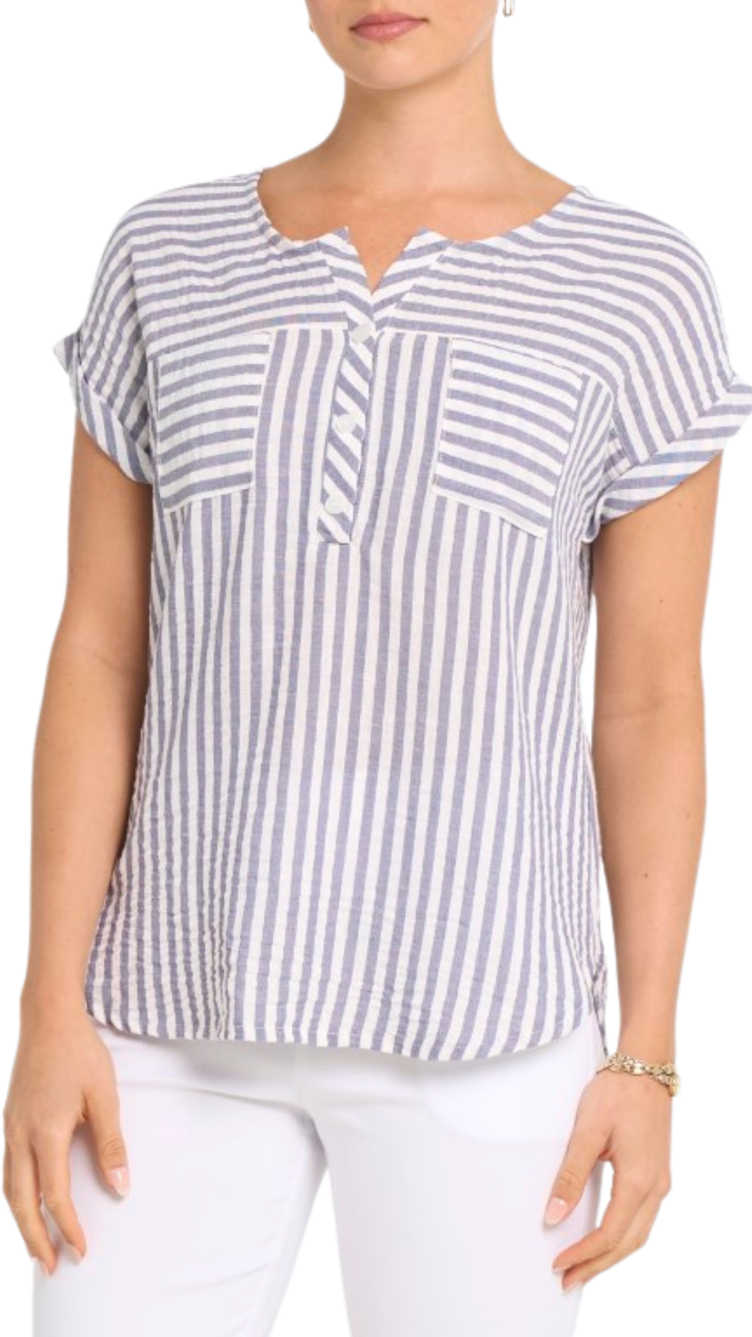Multi Direction Stripes Notch Neck Henley Buttons Top. Style MIS502T