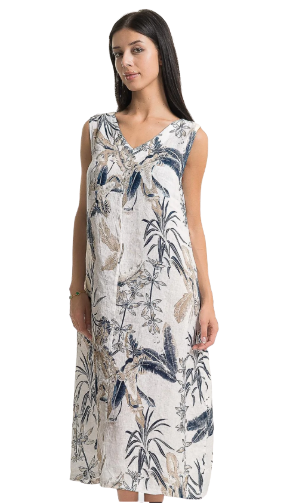 Faux Back Buttons Sleeveless Tropical Floral Print Dress. Style LLTP1673P