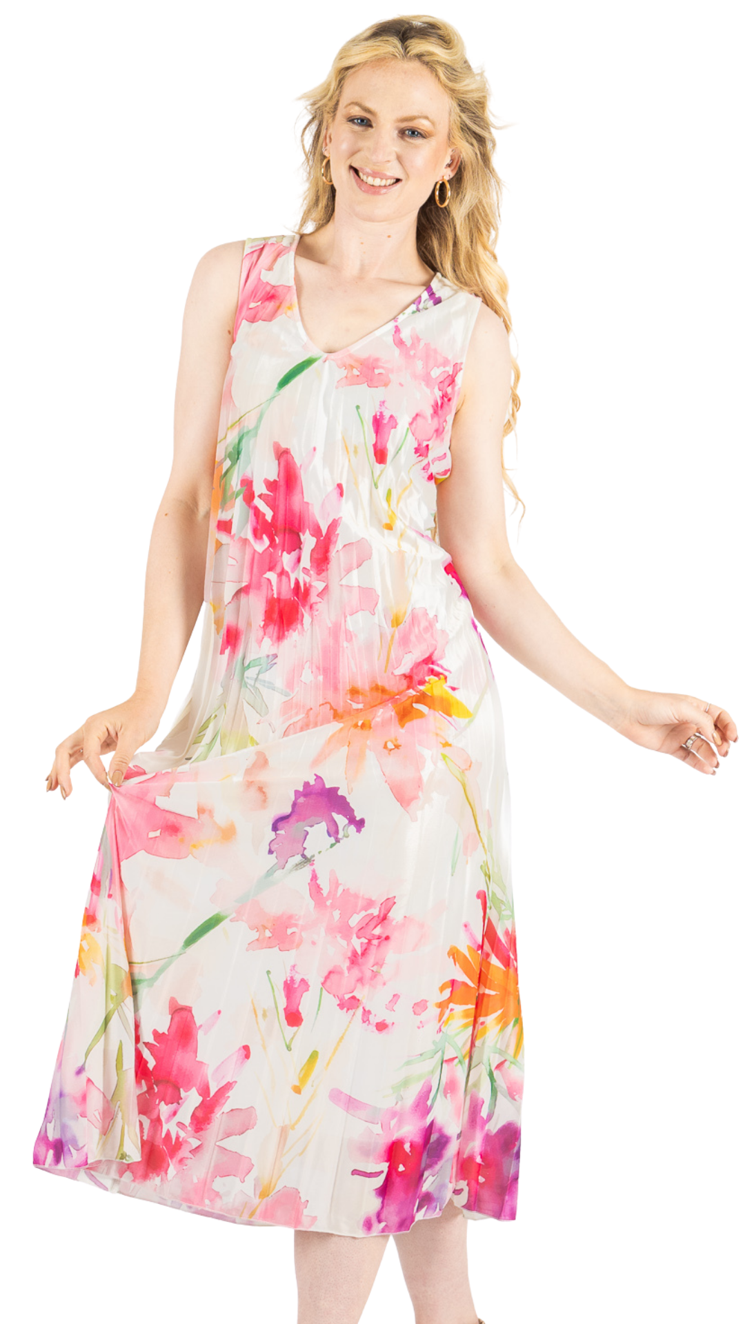 Sleeveless Pleated Lightweight Sheer Layered Dress. Style CAT126136