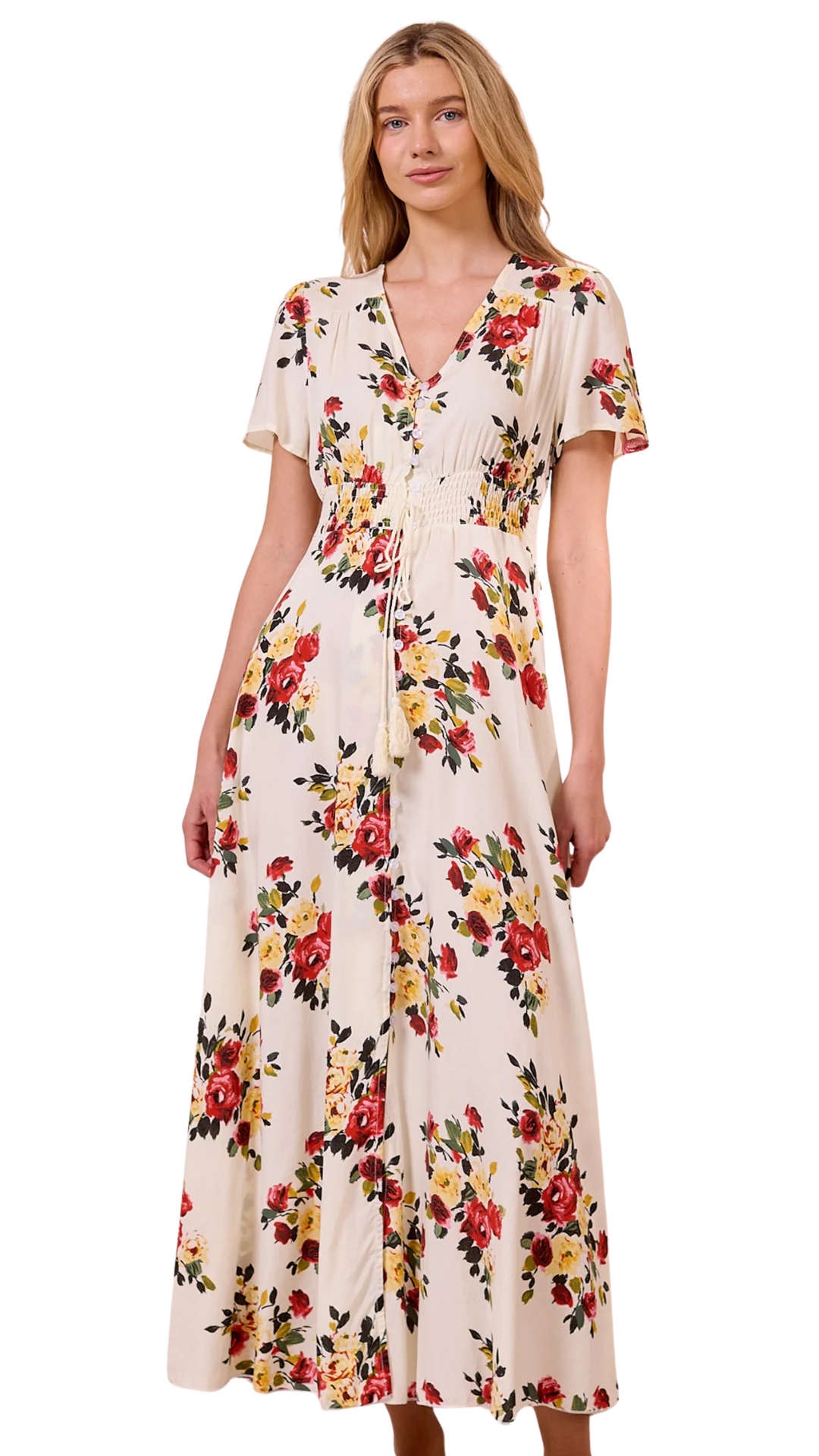 Floral Print Ruched Waist Maxi Dress. Style ANEM044546