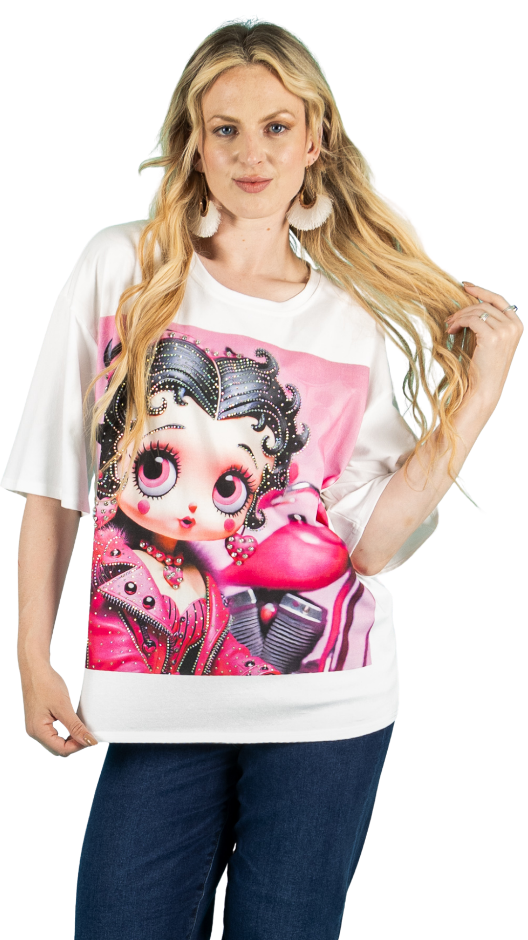 Basic White Short Sleeve Betty Boop Graphic Design Front Top. Style FS261862