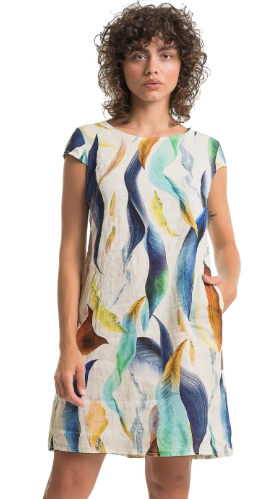 Boat Neck Cap Sleeve Abstract Print Straight Linen Dress. Style LLTP1756P
