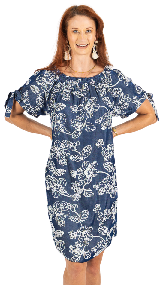 Embroidered Floral Print Elastic Neck Short Sleeve Dress. Style FS261748