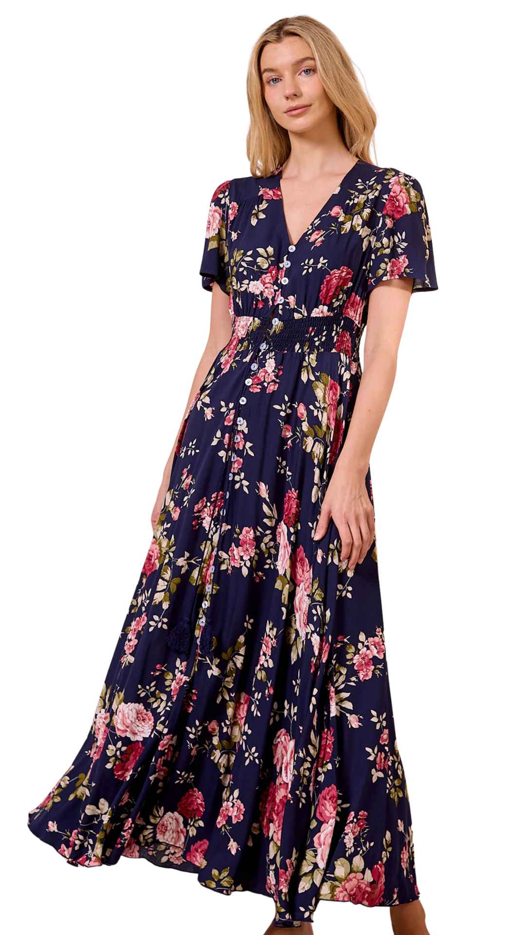 Navy Floral Print Ruched Waist Maxi Dress. Style ANEM042581