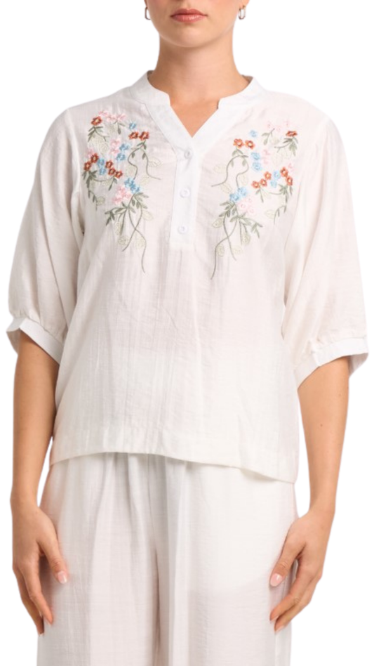 Embroidered Floral Details Notch Neck Top. Style MIGN50095
