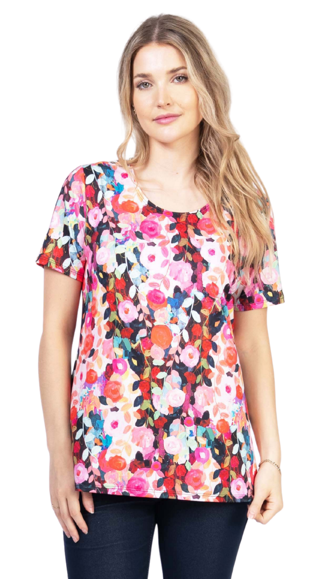 Petite Printed Short Sleeve Round Neck Top. Style JDA3389P-2