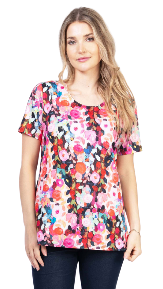 Petite Printed Short Sleeve Round Neck Top. Style JDA3389P-2
