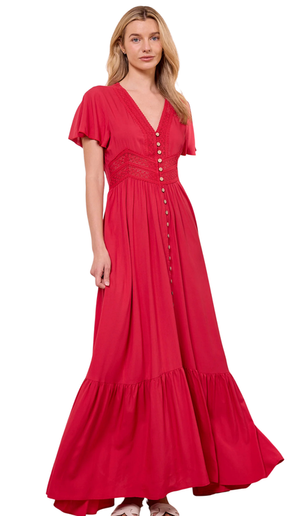 Crochet & Buttons Red Maxi Dress. Style ANEM043686