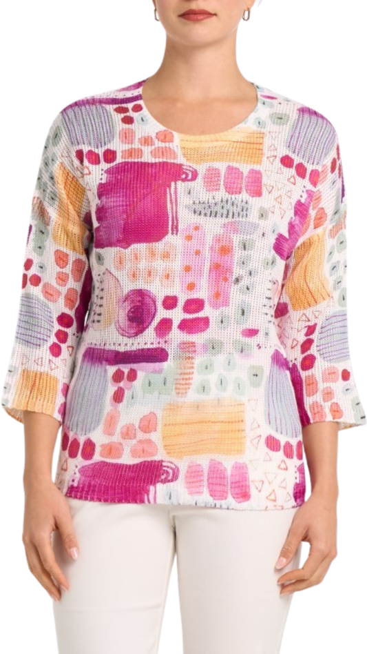 Knitted Abstract Print 3/4 Sleeve Sweater. Style MIC8768