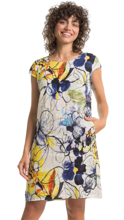 Boat Neck Cap Sleeve Abstract Floral Print Straight Linen Dress. Style LLTP1766P