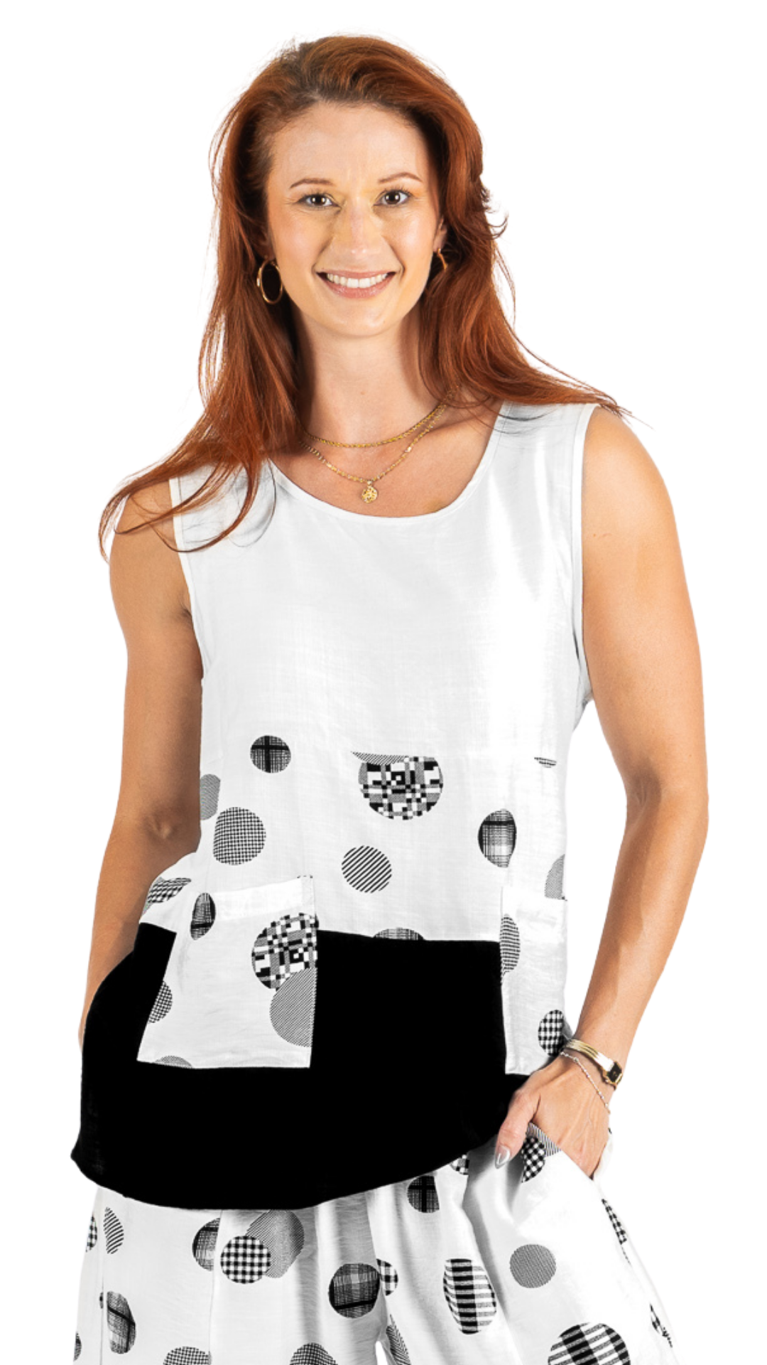 Abstract Circle Print Asymmetrical Sleeveless Top. Style FS261626