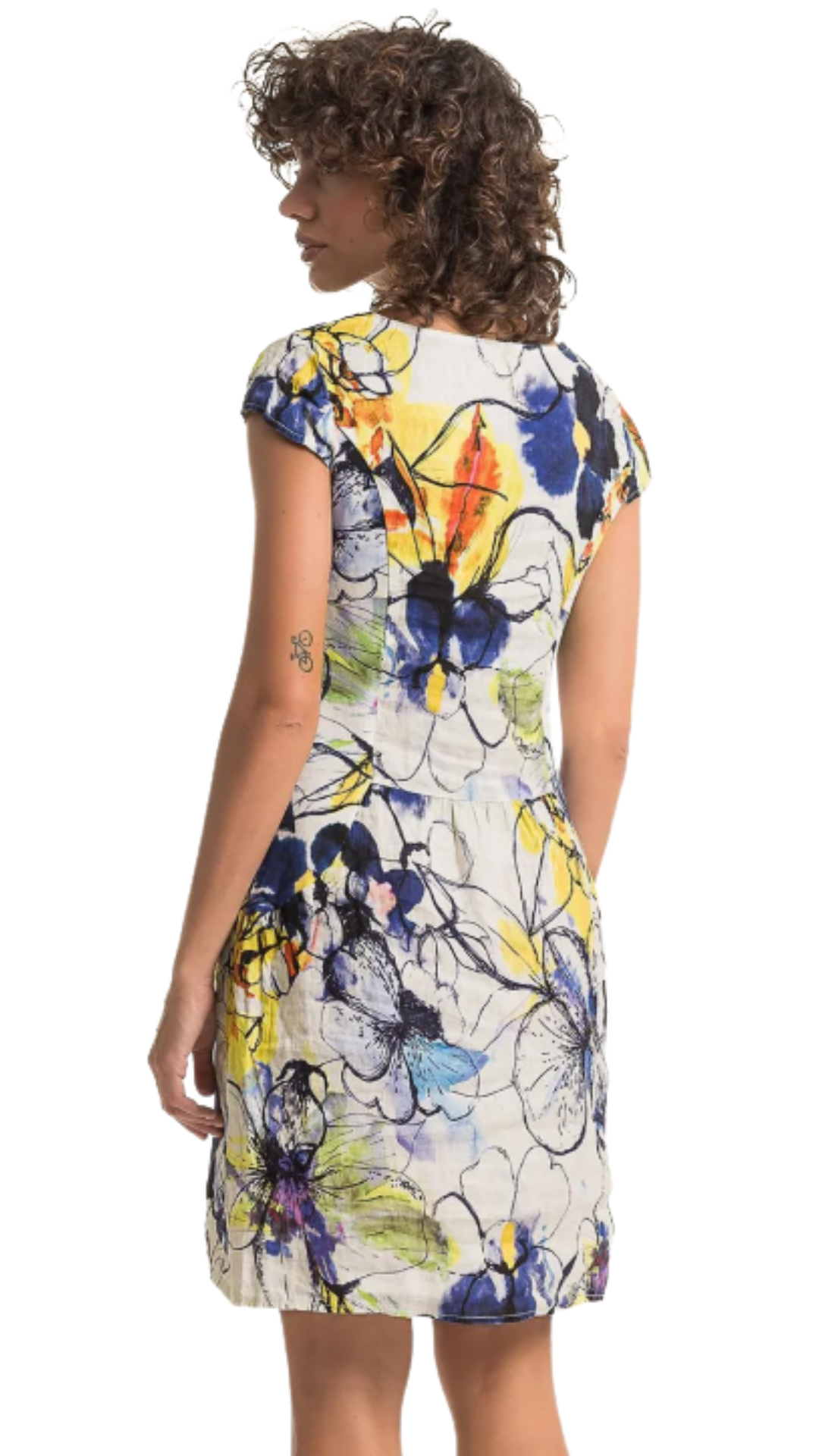 Boat Neck Cap Sleeve Abstract Floral Print Straight Linen Dress. Style LLTP1766P