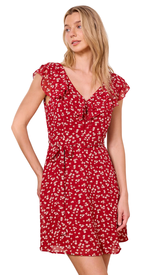 Red Ditsy V-Neck Ruffles Mini Dress. Style ANEJ042571