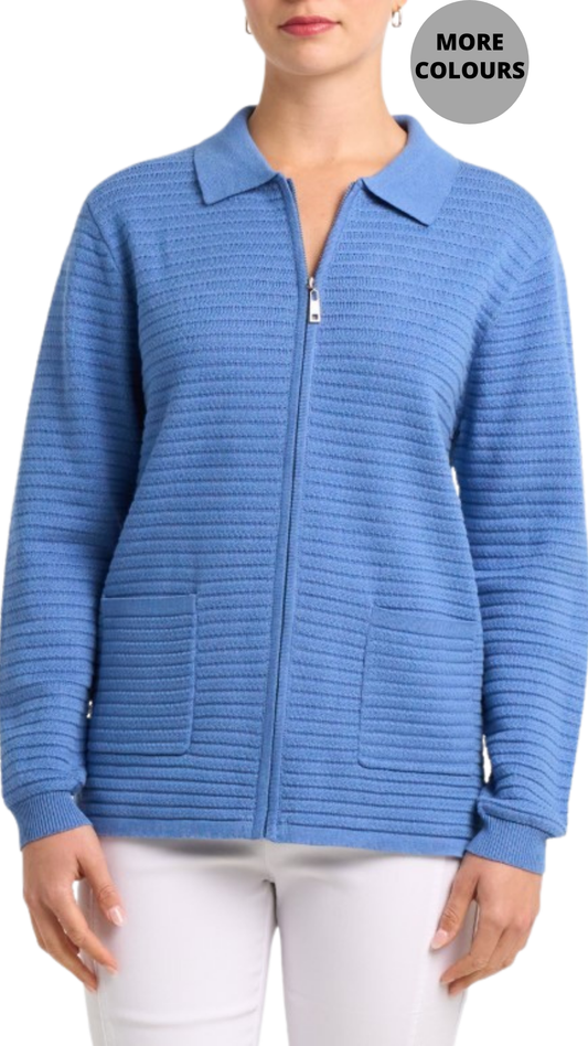 Zip Front Collared Patch Pockets Cardigan. Style MI26009C