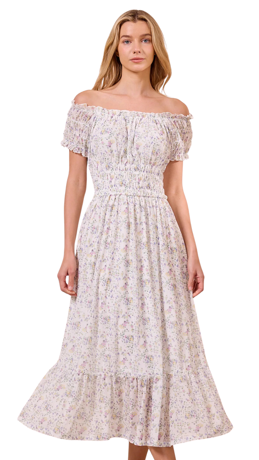 White Ditsy Mesh Bardot Maxi Dress. Style ANEY040404