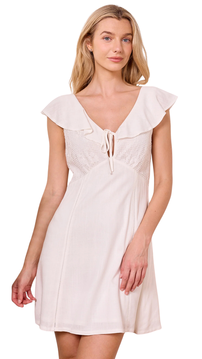 Broderie Top Babydoll Mini White Dress. Style ANEM043914
