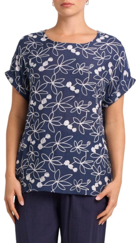 Embroidered Floral Print Cap Sleeve Top. Style MIGN6313