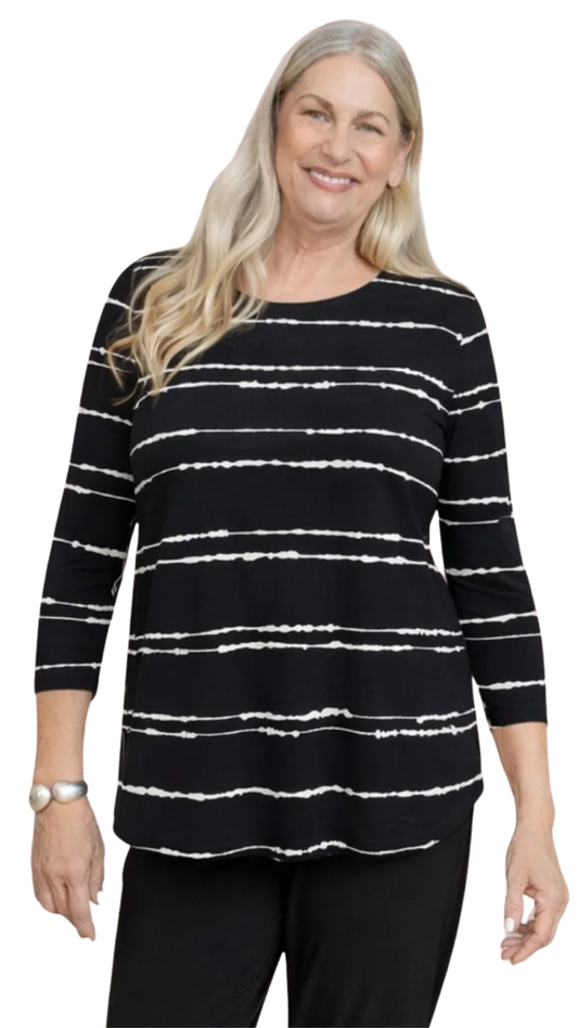 Round Neck 3/4 Sleeve Stripe Print Go-To Classic Top. Style SI22110RP-2C/B