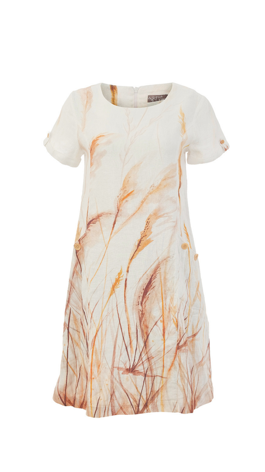 "Reeds By The Shore" Artist Print Short Sleeve Zip Back Dress. Style DOLC26753