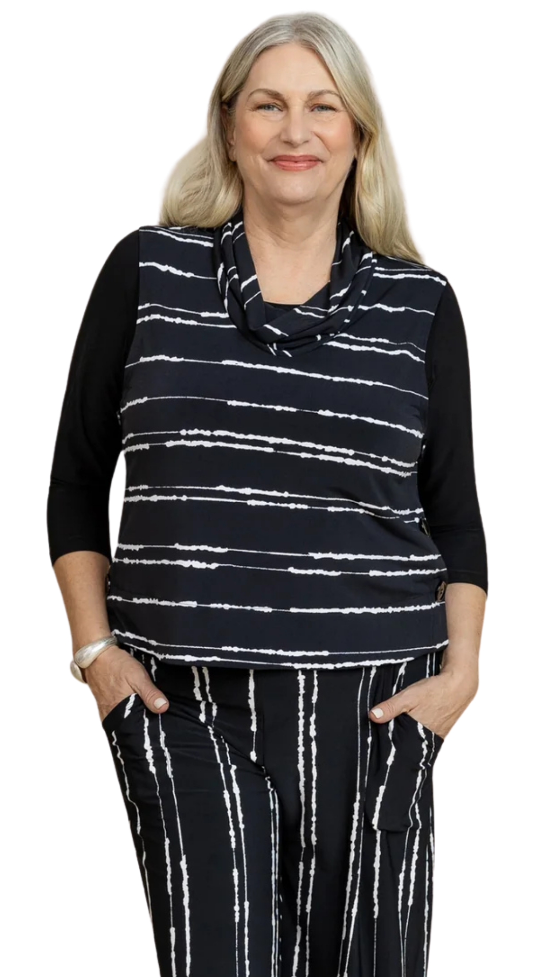 Sleeveless Cowl Neck Stripes Side Buttons Tank. Style SI21249P