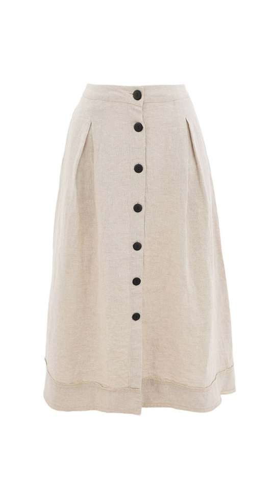Button Front Linen Lightweight Midi Skirt. Style DOLC26131