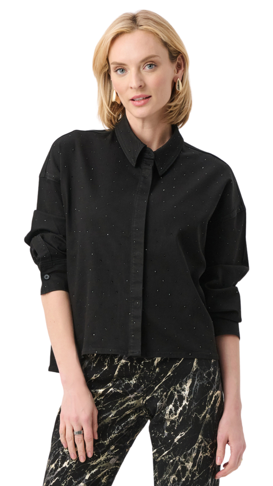 Featherweave Denim Cropped Rhinestone Detail Blouse. Style JR263965