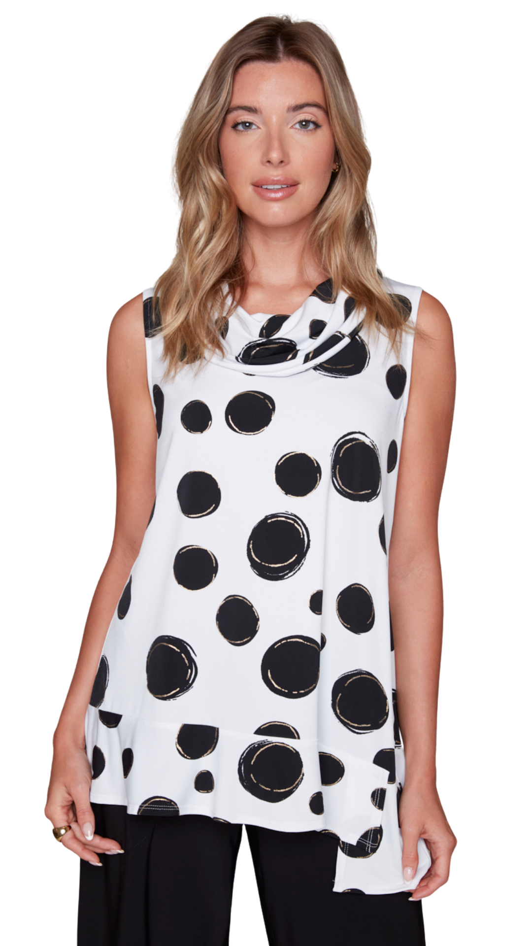 Asymmetrical Hem Cowl Neck Polka Dot Sleeveless Top. Style CK36023
