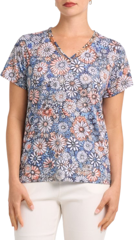 Ladder Stitch V-Neck Short Sleeve Top. Style MIMXF457