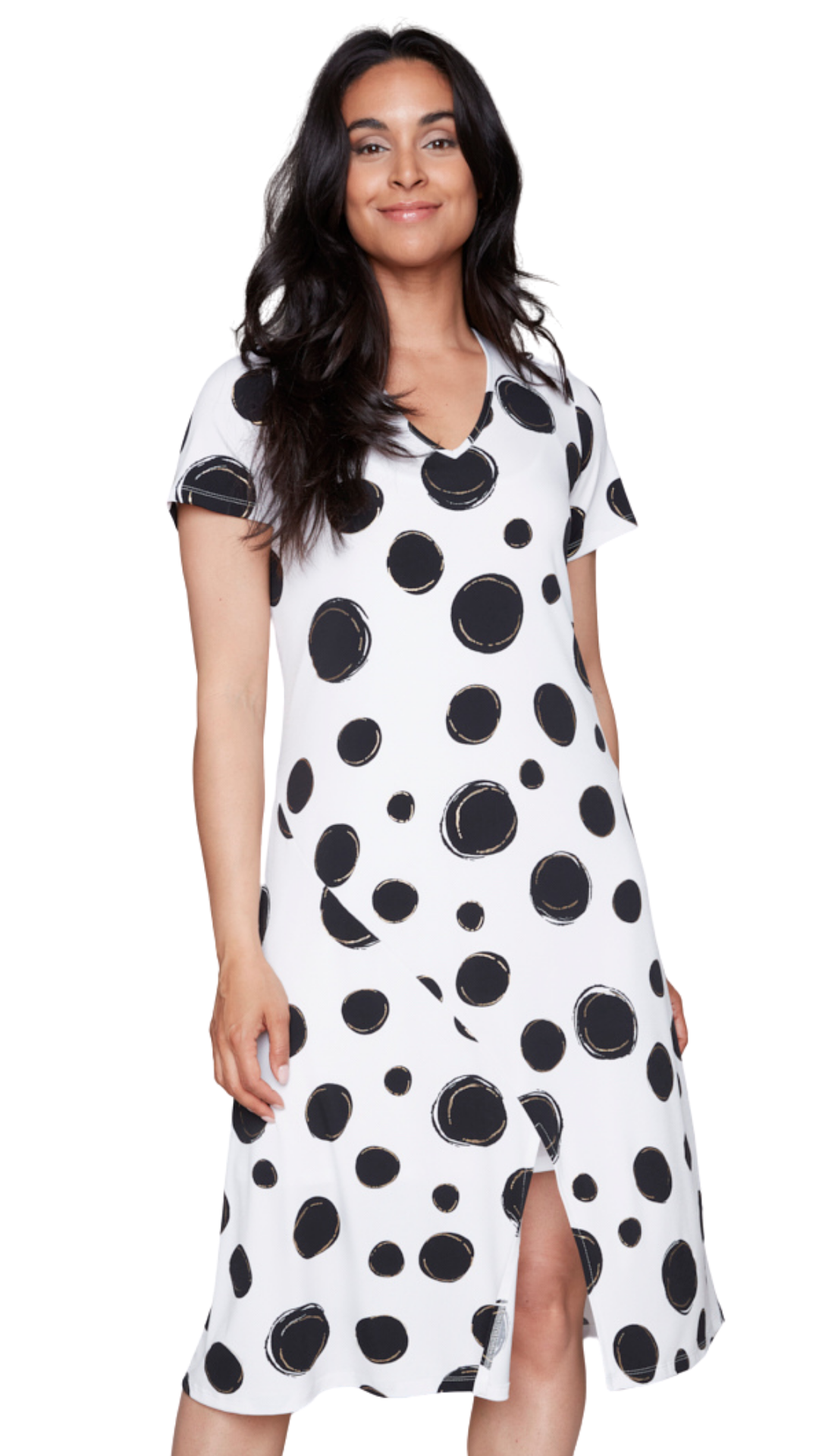 V-Neck Polka Dot Slitted Short Sleeve Dress. Style CK36025