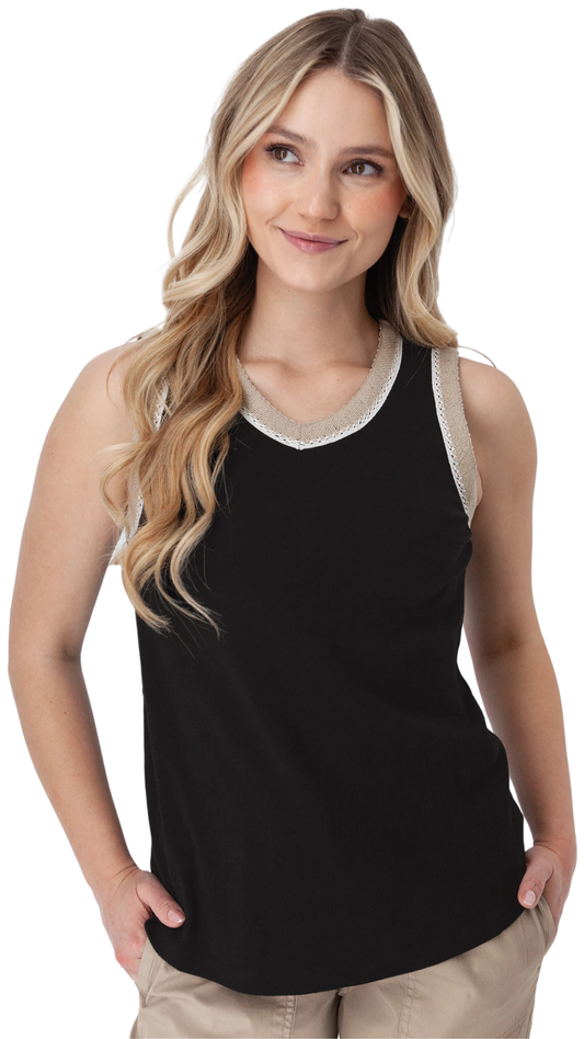 "Solana" Crochet Trim V-Neck Sleeveless Top. Style AVM24457
