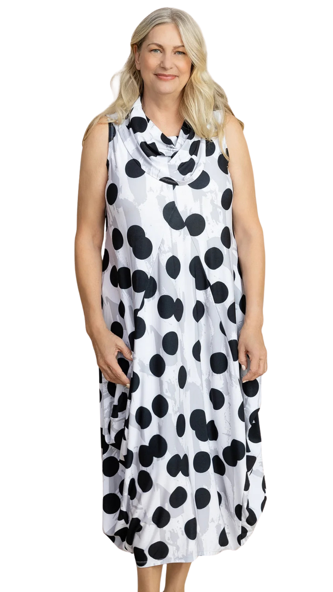 Nu Sleeveless Cowl Neck Polka Dot Print Dress. Style SI28224P