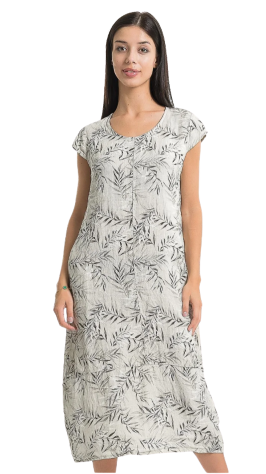 Cap Sleeve Leaf Print Maxi Length Linen Dress. Style LLTP1731P