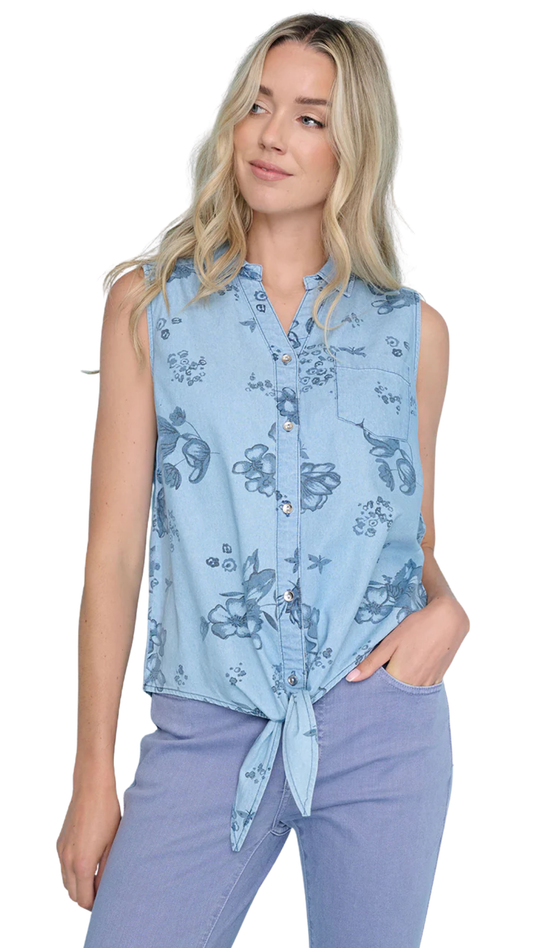 Tie Bottom Button Front Sleeveless Denim Look Top. Style PYGM314JJ