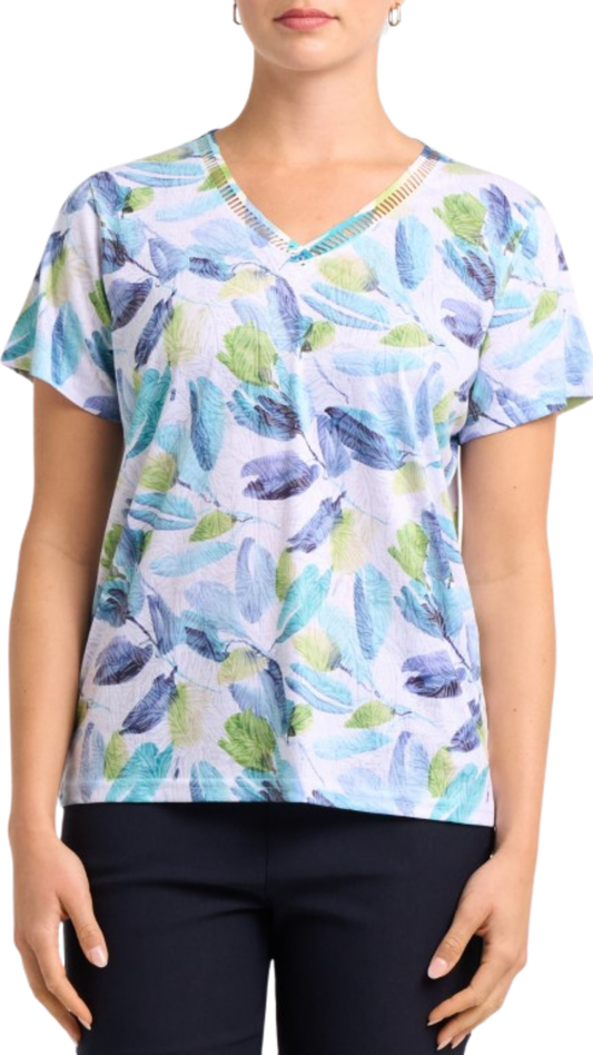 Ladder Stitch V-Neck Short Sleeve Top. Style MIMXF648