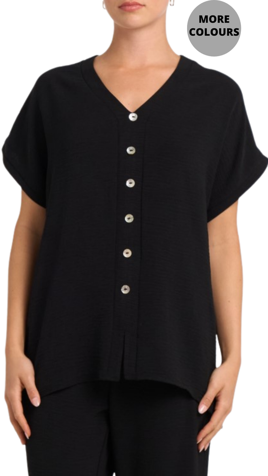 V-Neck Faux Button Front Short Sleeve Top. Style MIGN1736A