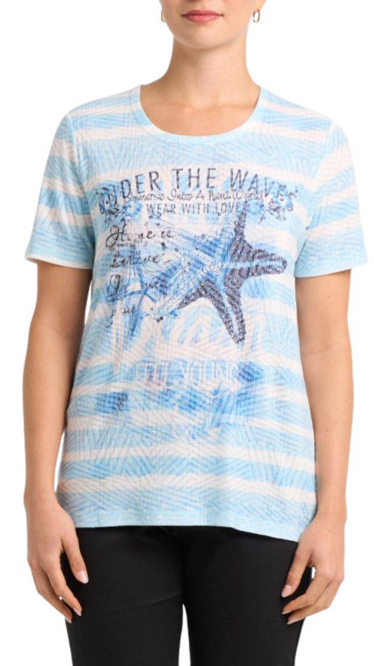 Beach Theme Print Blue Stripes Short Sleeve Top. Style MIYC36