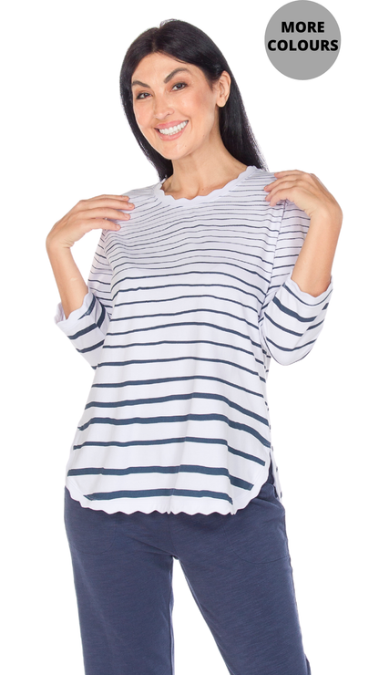 Striped 3/4 Sleeve Scallop Trims Top. Style WP1623