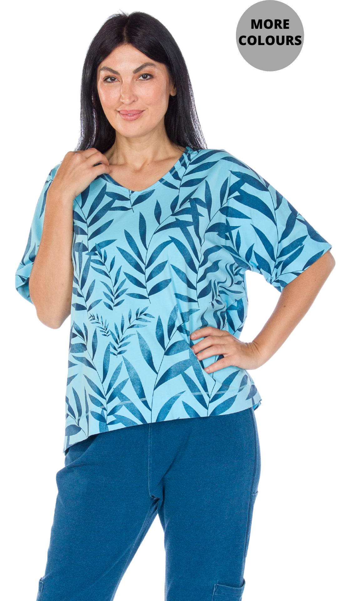 Cuffed Short Sleeve V-Neck Leaf Print Top. Style WP1605