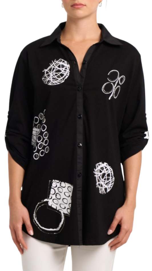 Button Front Abstract Designs & Rhinestone Detailing Blouse. Style MIKBL2618