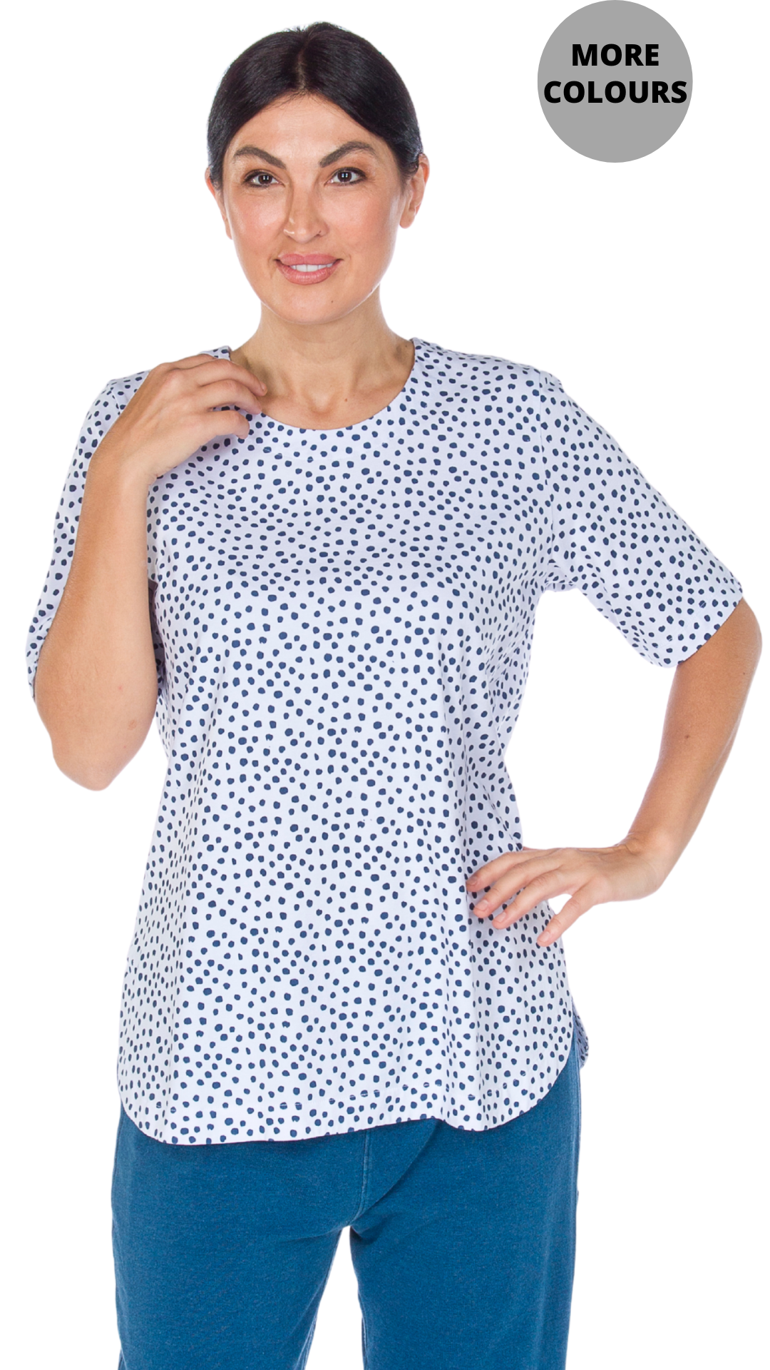 Rounded Hem Side Slit Short Sleeve Polka Dot Top. Style WP1602