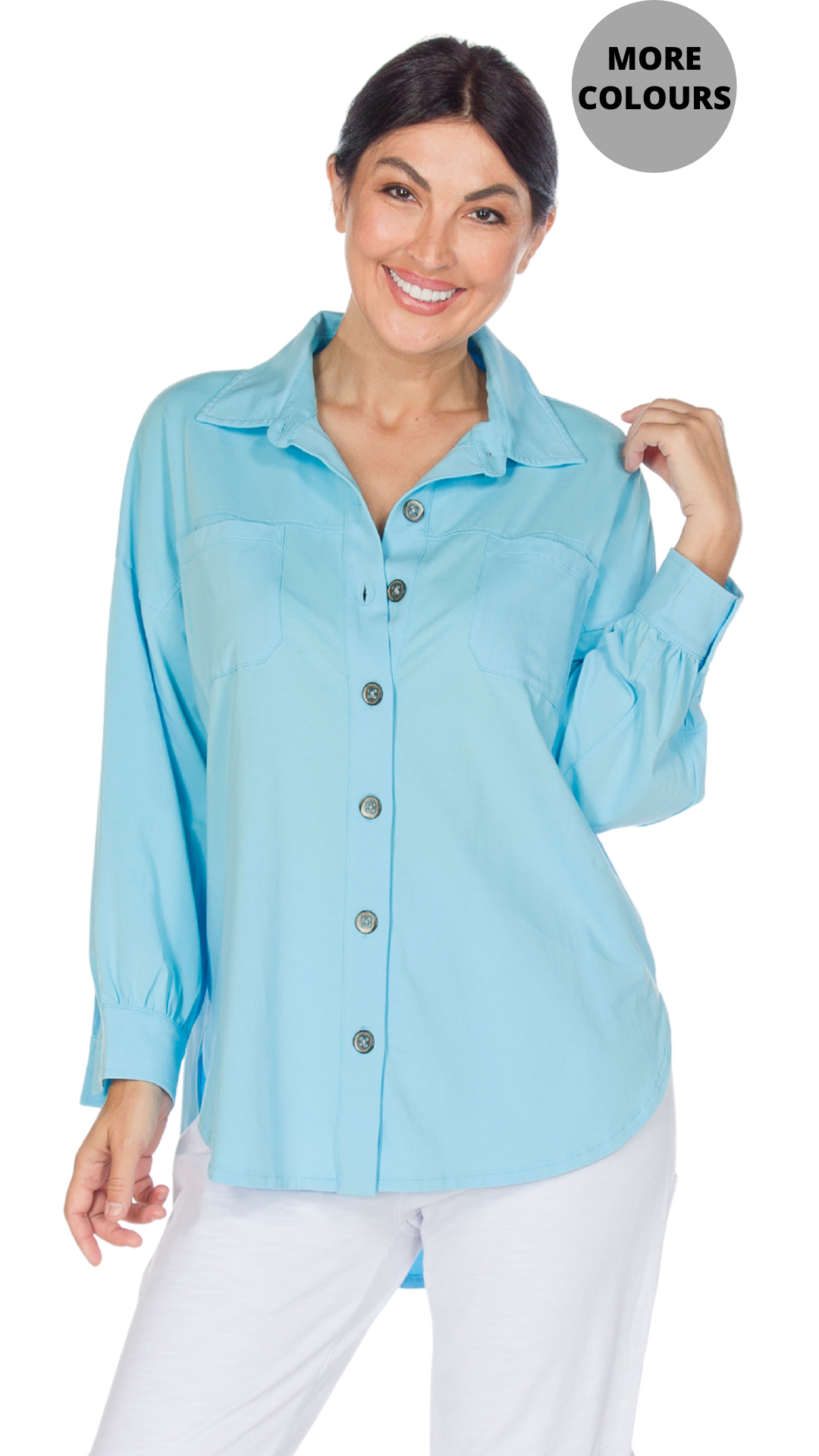Solid Colour Button Front Cuffed Sleeve Stretch Top. Style WP2601