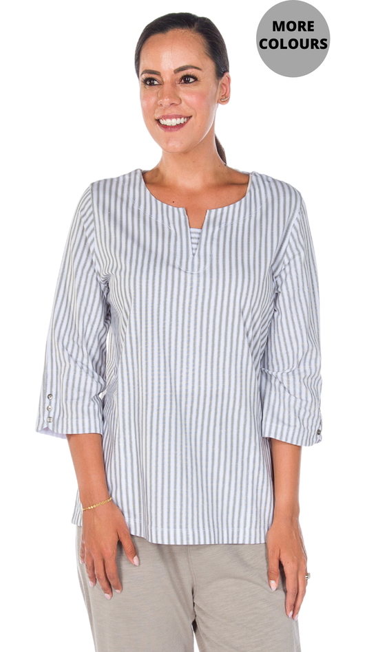 Nautical Stripe Notch Neck 3/4 Sleeve Top. Style WP1603