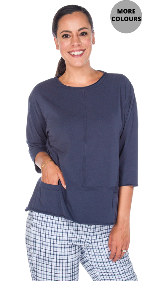 Rolled Trim Detailing Pocket at Hem 3/4 Sleeve Top. Style WP1501