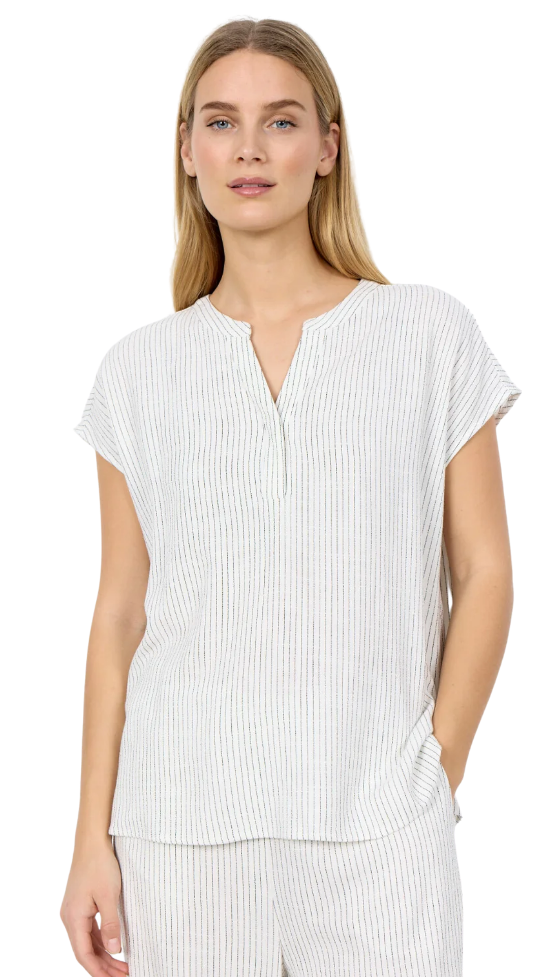 Notched V-Neck Vertical Stripes Short Sleeve Top. Style SOYA41585