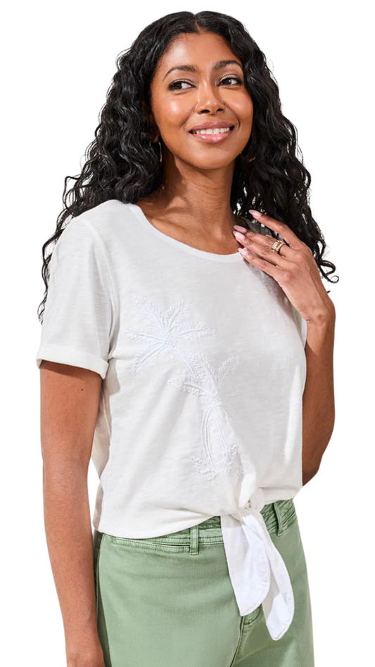 Slub Knit Tie-Front Short Sleeve Crew Neck Top. Style TR3081O-8460