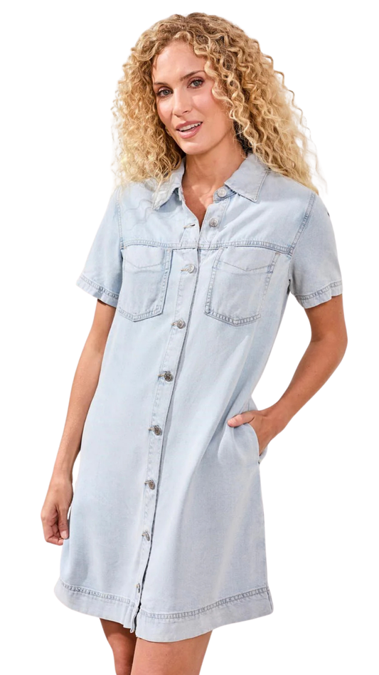 Blue Thread Button Front Tencel Denim Shift Dress. Style TR6143O-1116